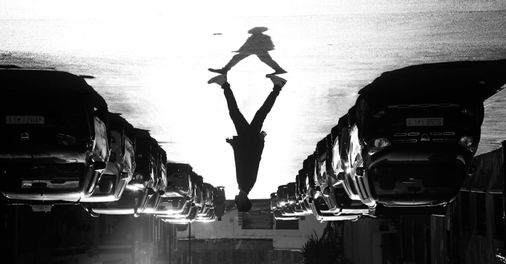 A striking silhouette of a person walking along a street in Rabat, Morocco.