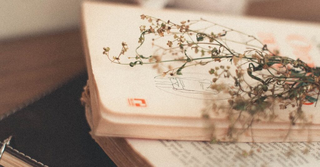 Vintage books with delicate flowers creating a nostalgic mood, perfect for literature lovers.