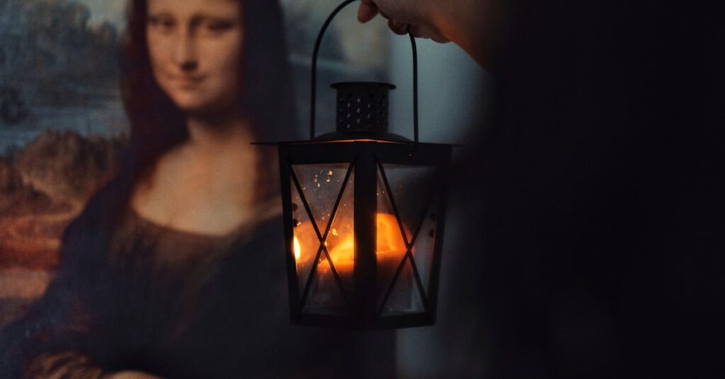 Atmospheric image of the Mona Lisa with a lantern casting a warm glow.